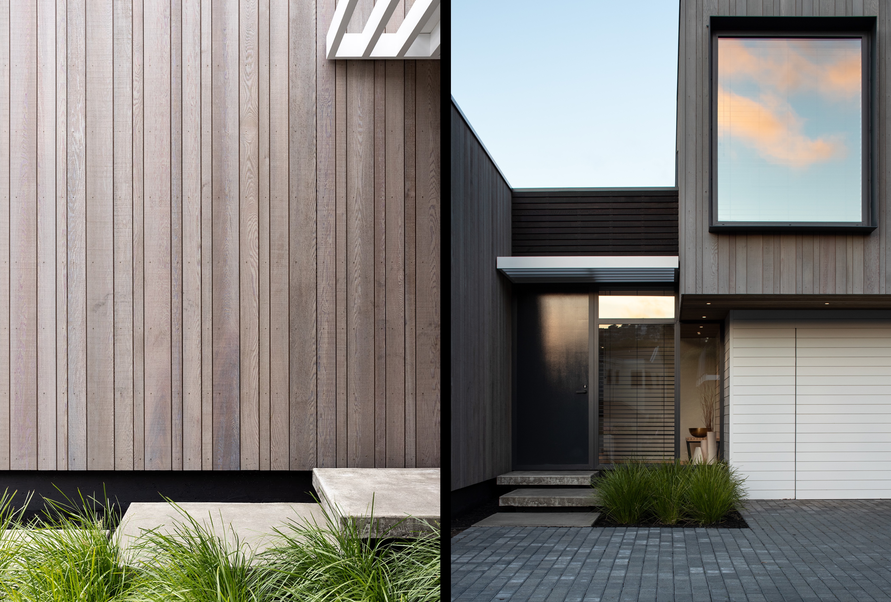 Composite of the Broad Oaks Cedar cladding (depicted on the left), and an exterior of the entranceway (depicted on the right)