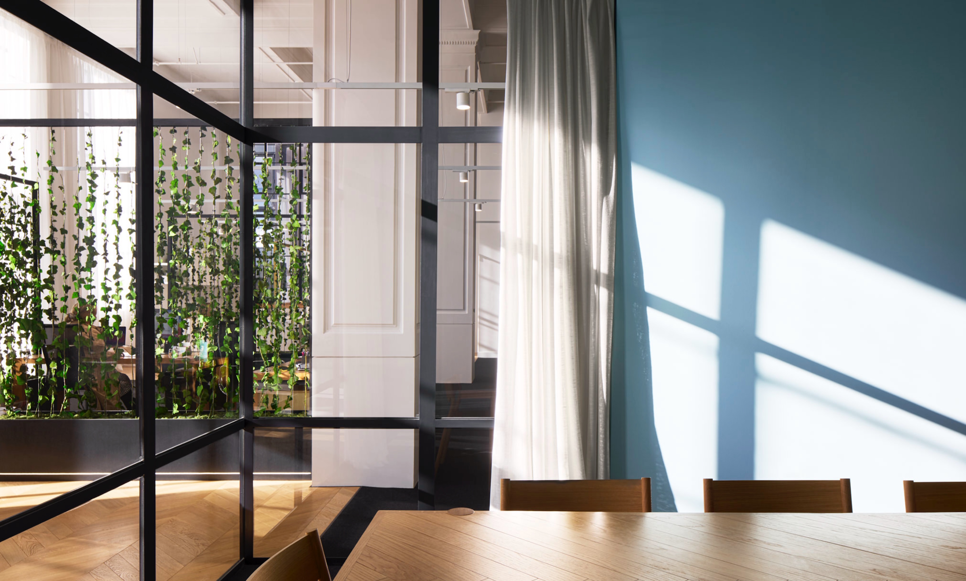 Sun shining through interior glass wall into meeting area with table and chairs.