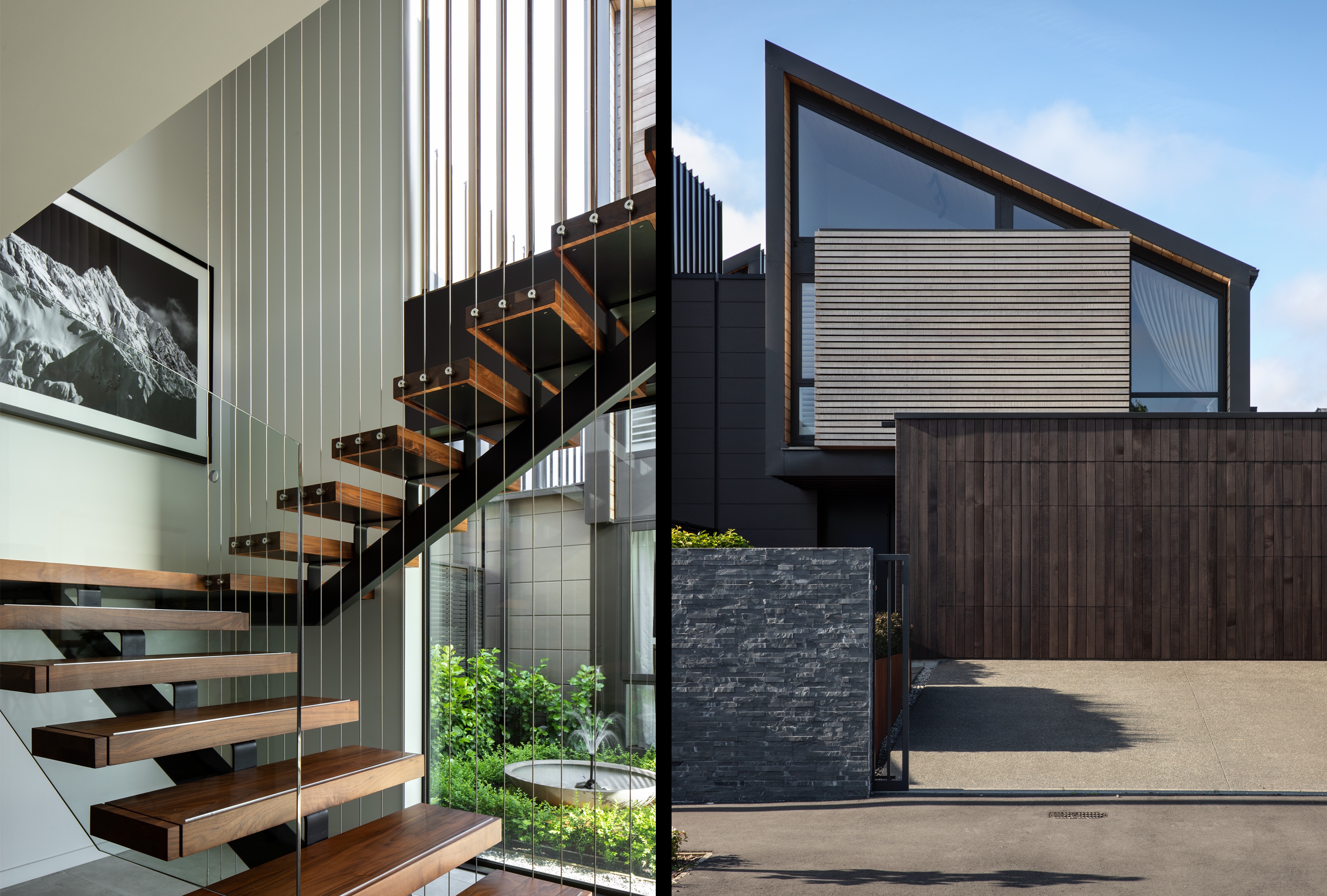 Split image with floating staircase on the left, and an exterior shot on the right depicting steep angled roof an timber cladding
