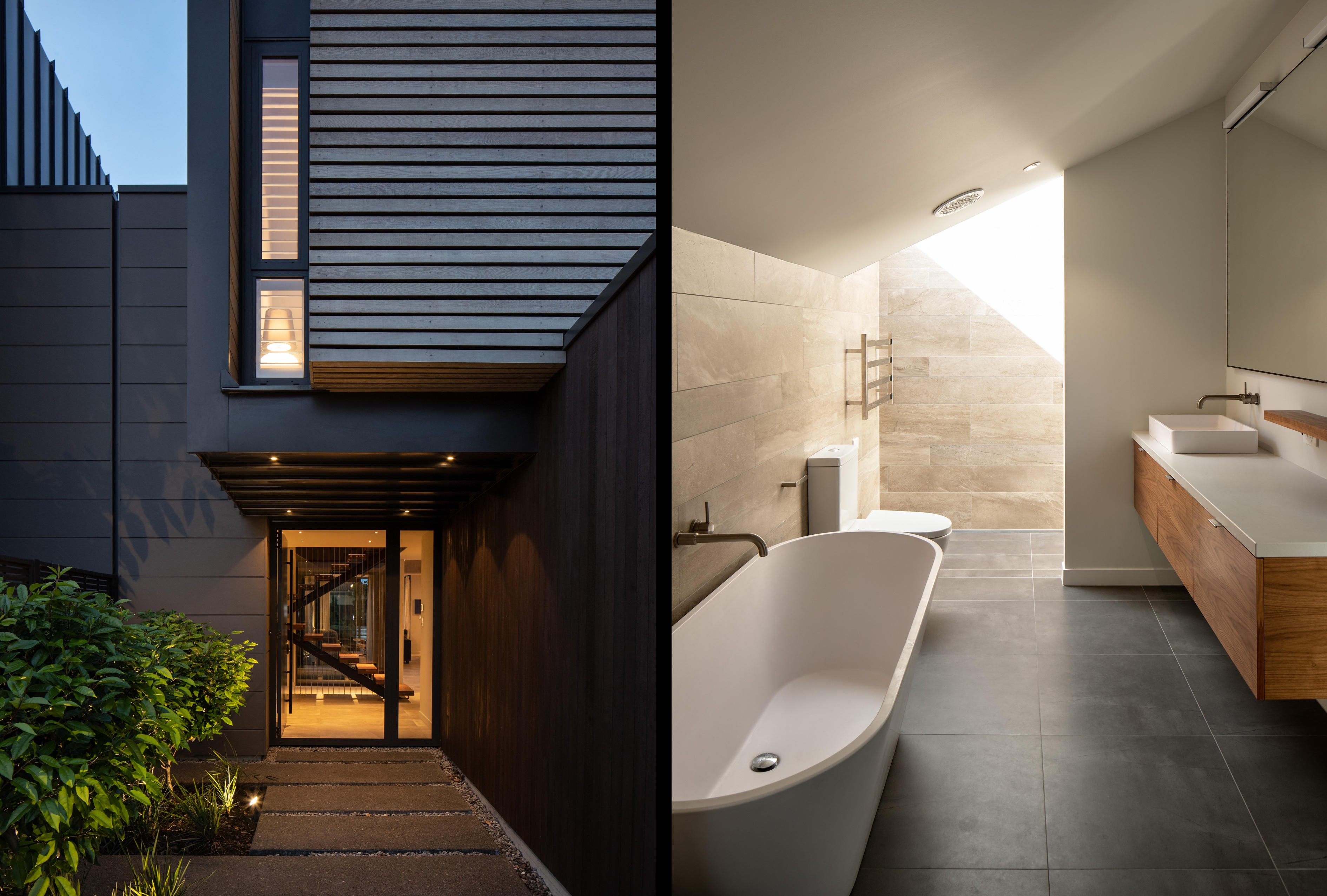 Split image with nighttime depiction of floating staircase through a glass entranceway on the right, and bathroom on the right showcasing tiling and modern fixtures
