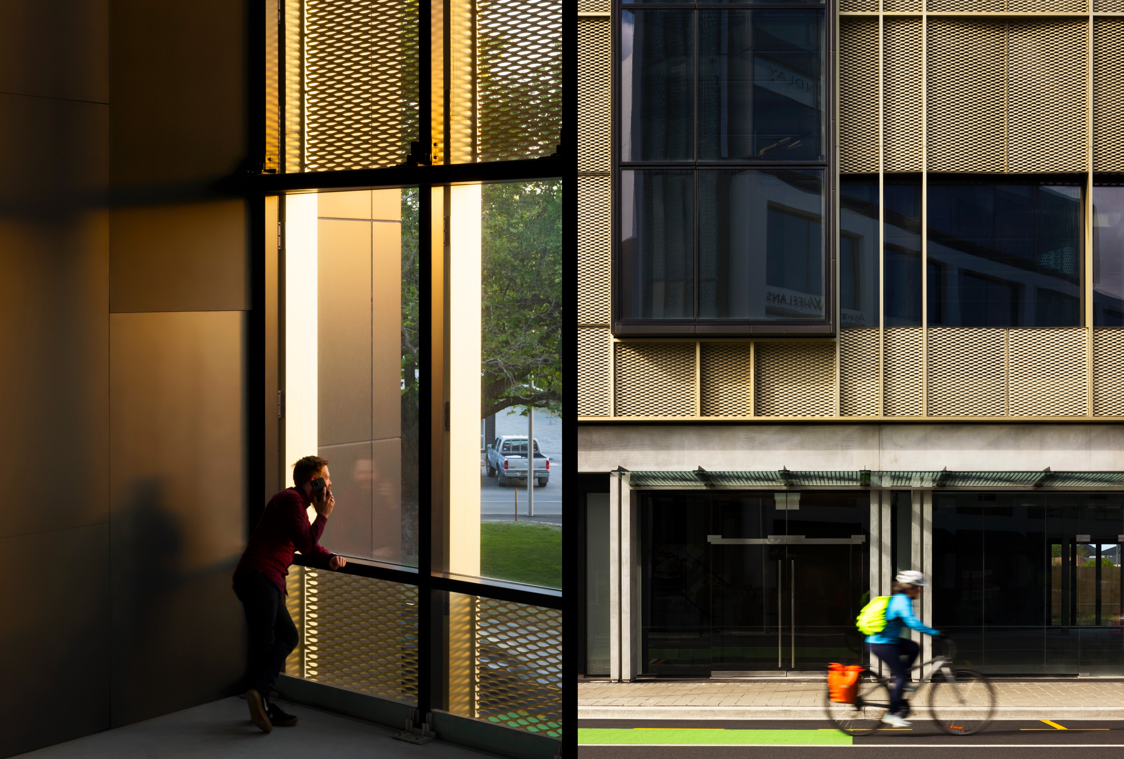 Split image. Left side depicts man on cellphone looking out of window. Right side depicts cyclist riding past building