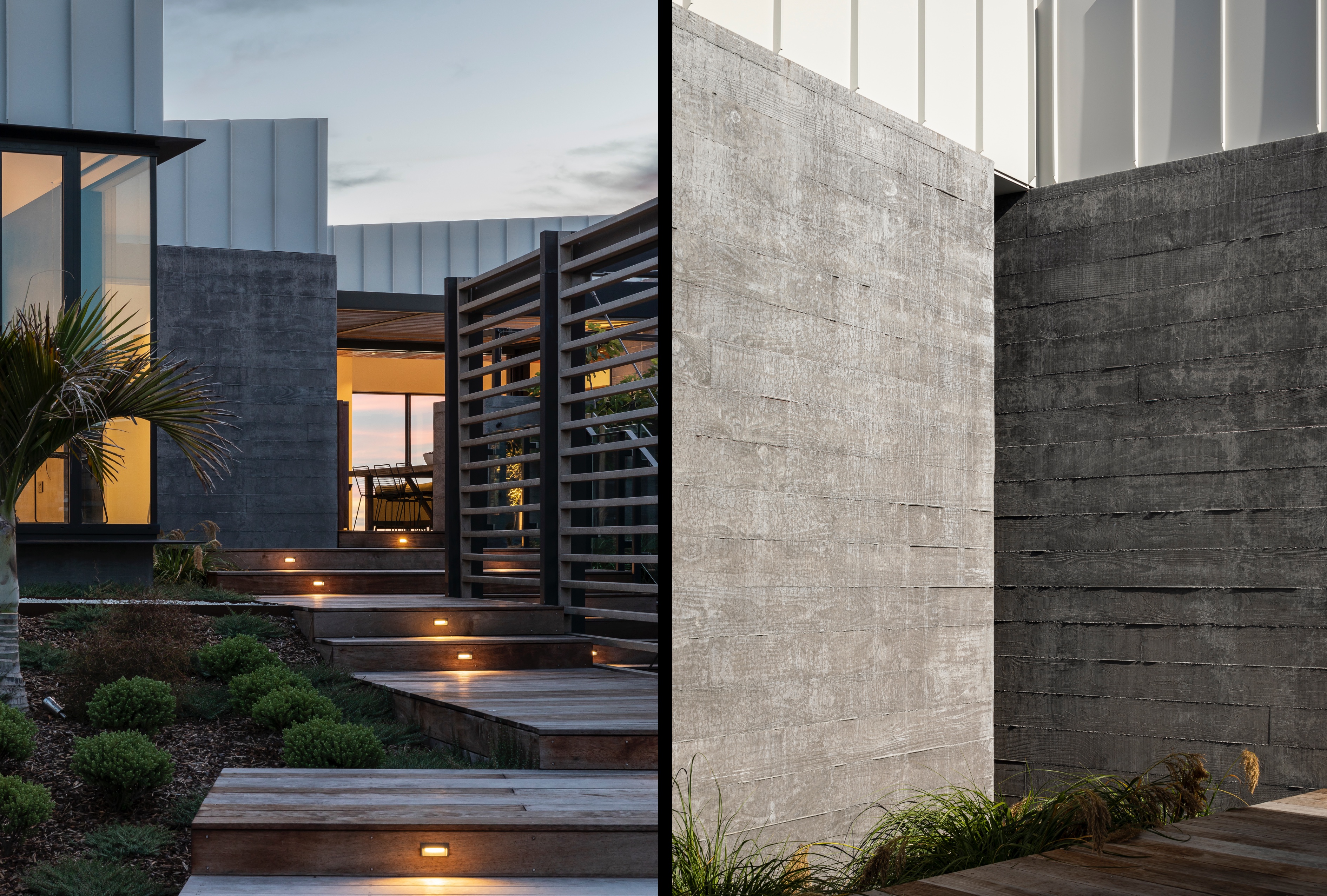 Split image. Left side depicts wooden exterior stairs leading to illuminated house at dusk. Right side depicts textured concrete walls.