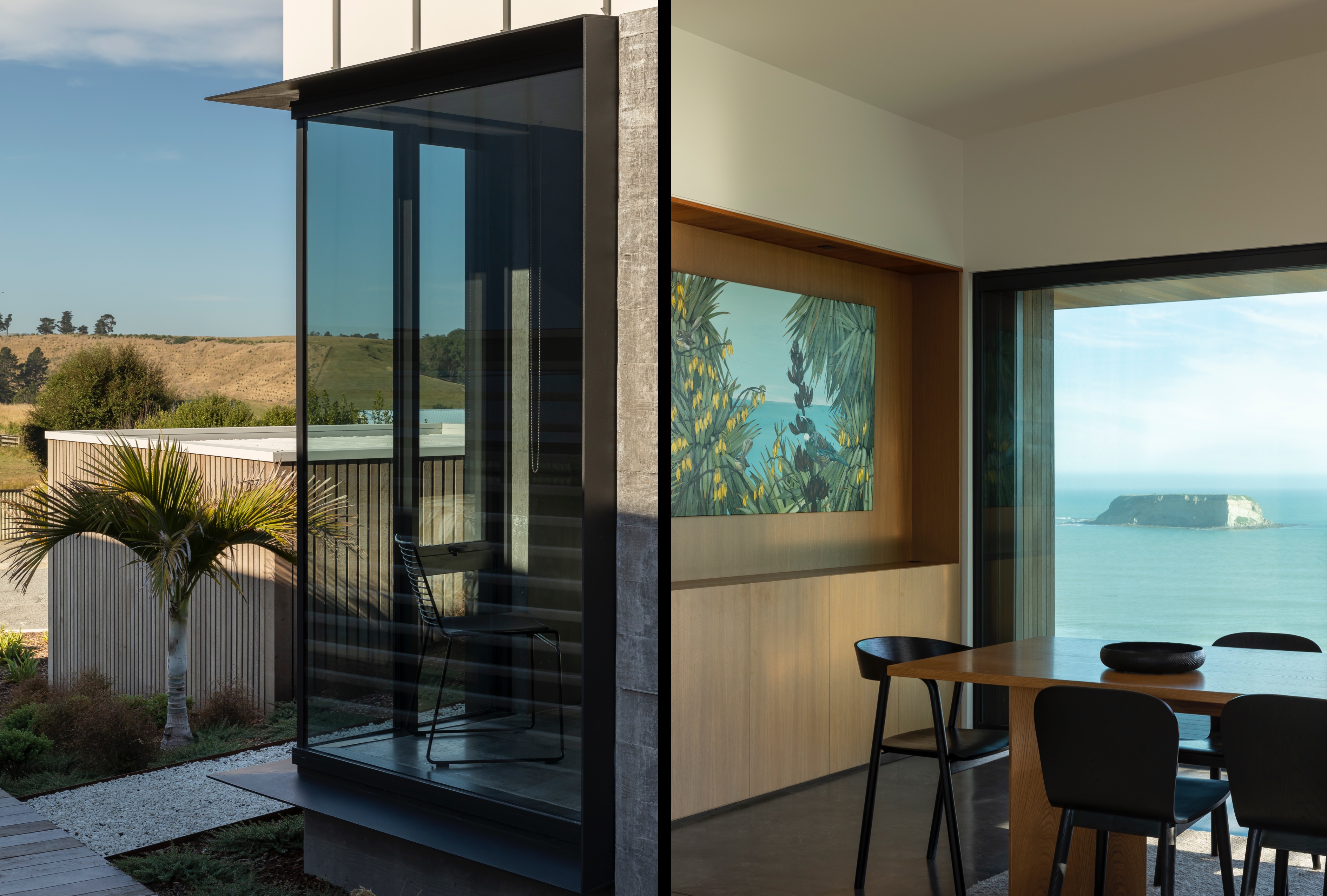 Left side exterior of glass corner with hills in background. Right side interior of table and chairs with ocean view.