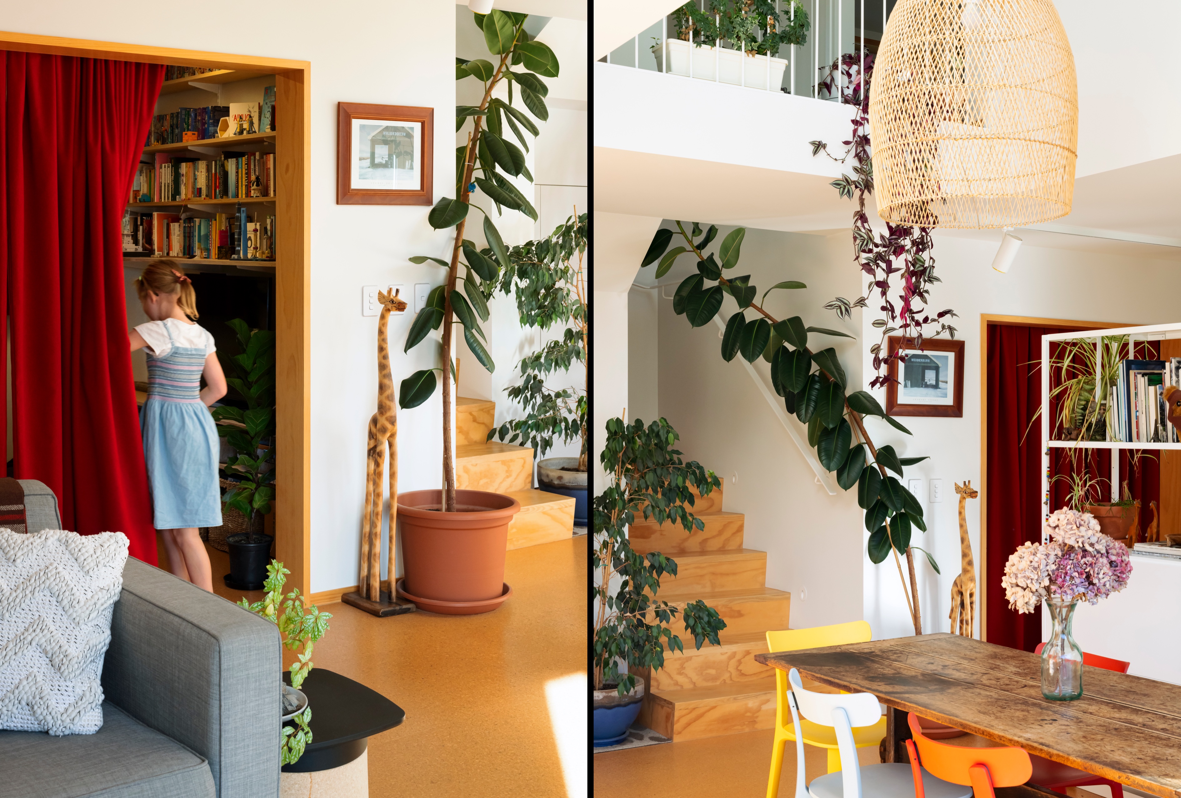 Split image. Left side a girl moves from a living space to another room by pulling aside a velvet curtain. Right side shows stiarcase, cork flooring, and interior greenery
