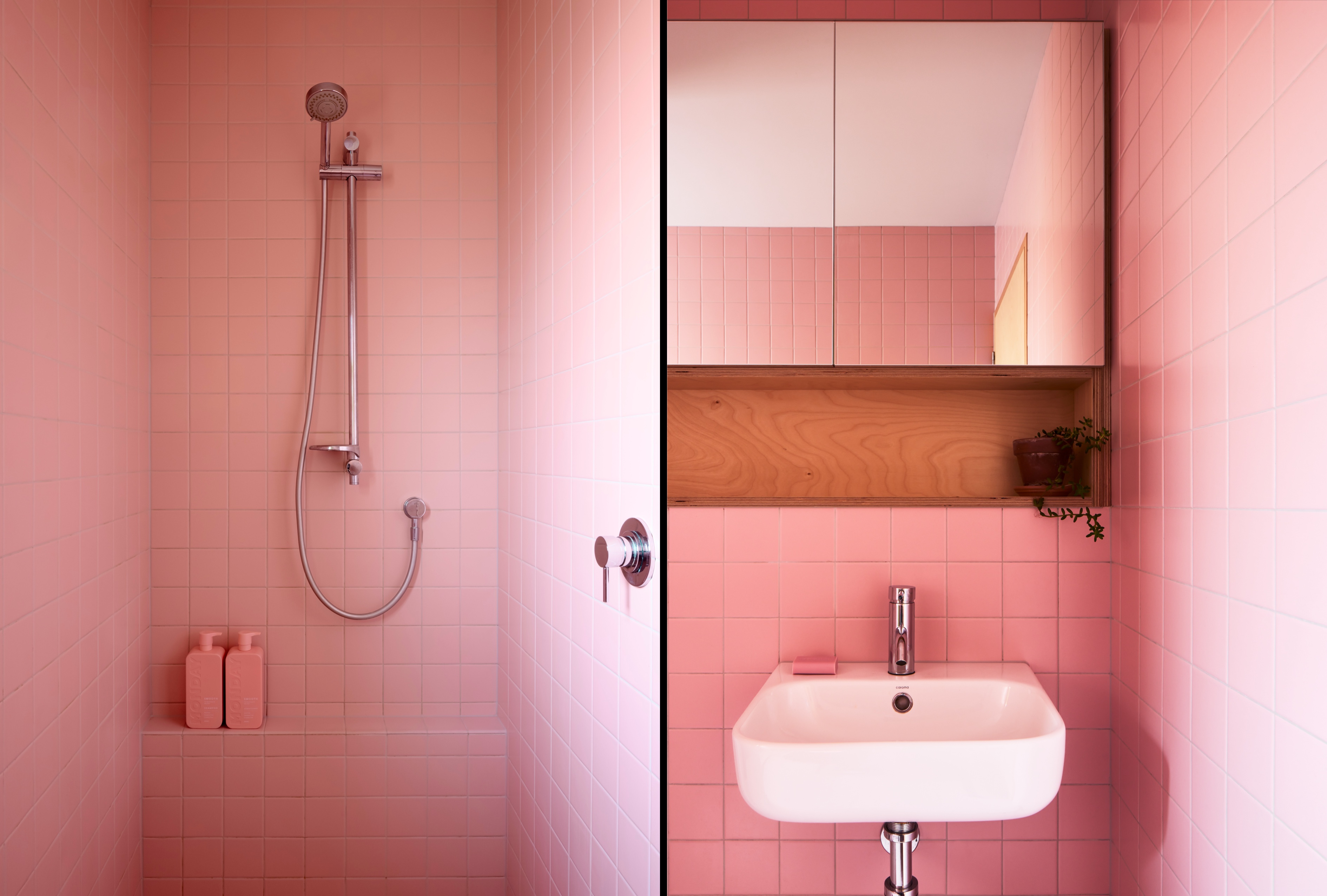 Split image. Left side shows shower with pink bathroom tiling. Right side shows bathroom sink and mirror with pink tiling.