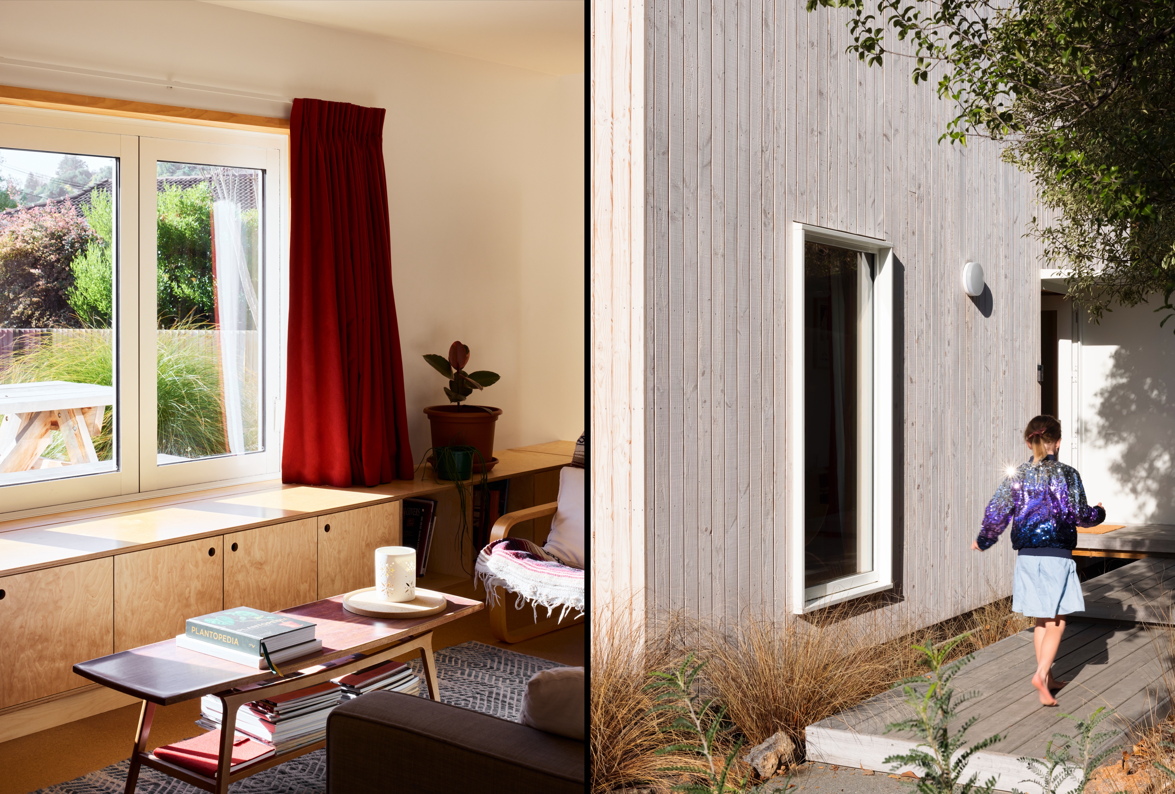 Split image. Left side shows living space with natural timber cabinets, cork flooring, and light streaming through double-glazed windows. Right side is exterior depicting Douglas fir cladding and double-glazed aluminium joinery.